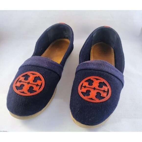 Tory Burch Navy Blue Wool Loafers with Orange Logo – Women's Size 9M - Picture 1 of 5